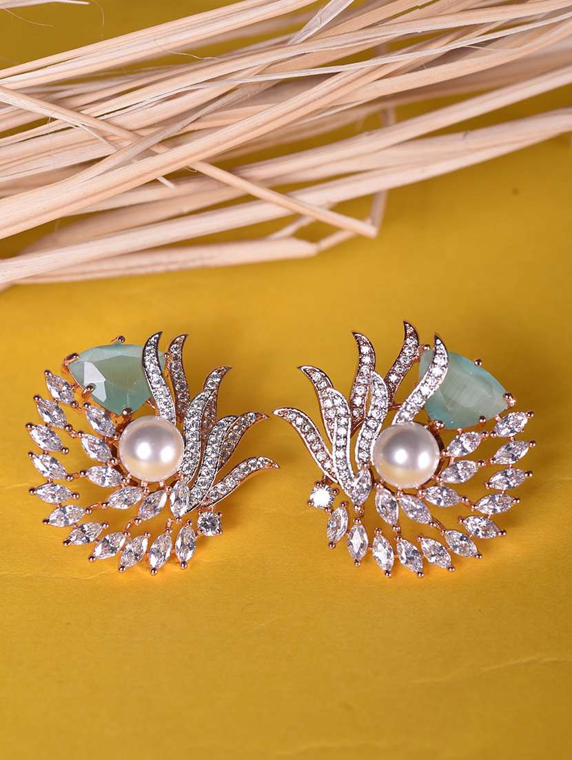 rose gold toned pearl studded trendy statement studs earrings