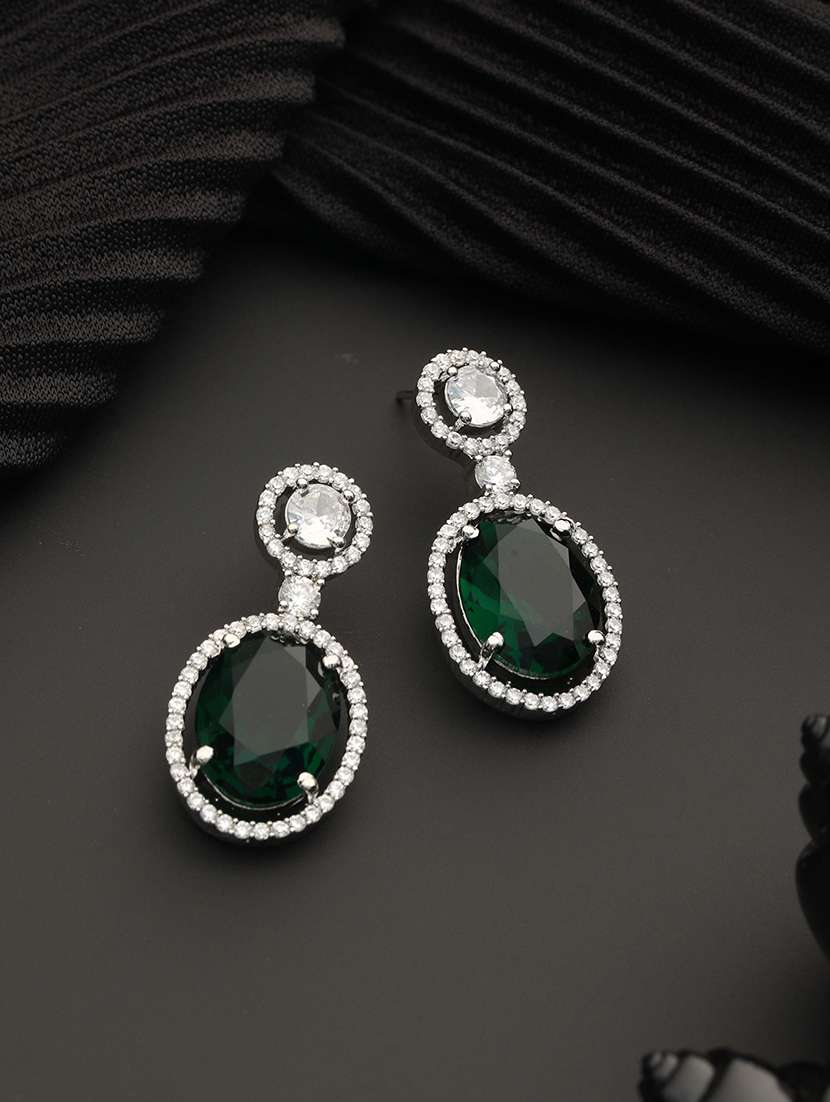 silver rhodium green ad studded designer drop earrings