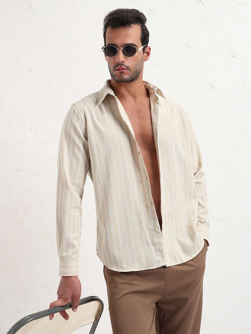 men cream stripes long sleeve regular fit casual shirt - 21843816 - Zoom Image - 0