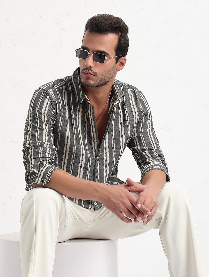 men grey stripes long sleeve slim fit  casual shirt - 21843817 -  Zoom Image - 0
