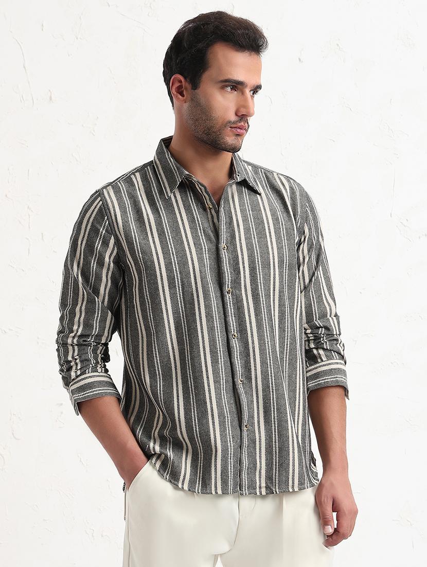 men grey stripes long sleeve slim fit casual shirt - 21843817 - Standard Image - 2