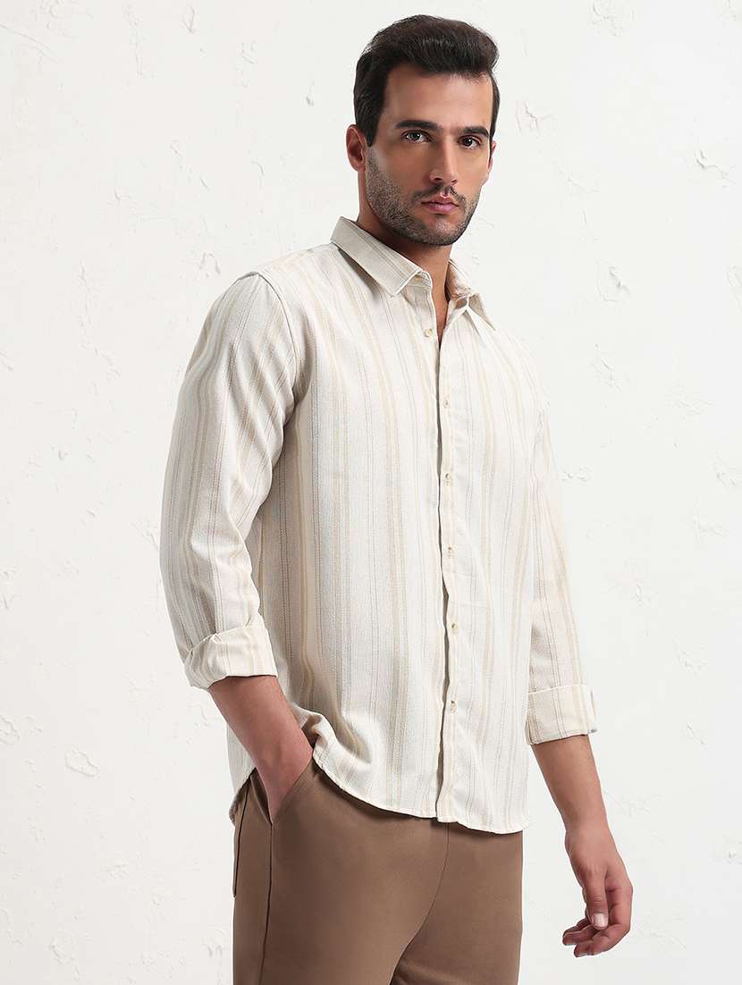 men cream stripes long sleeve regular fit  casual shirt - 21843818 -  Standard Image - 2