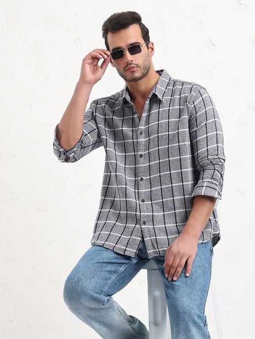men grey checked long sleeve regular fit casual shirt - 21843821 - Standard Image - 0
