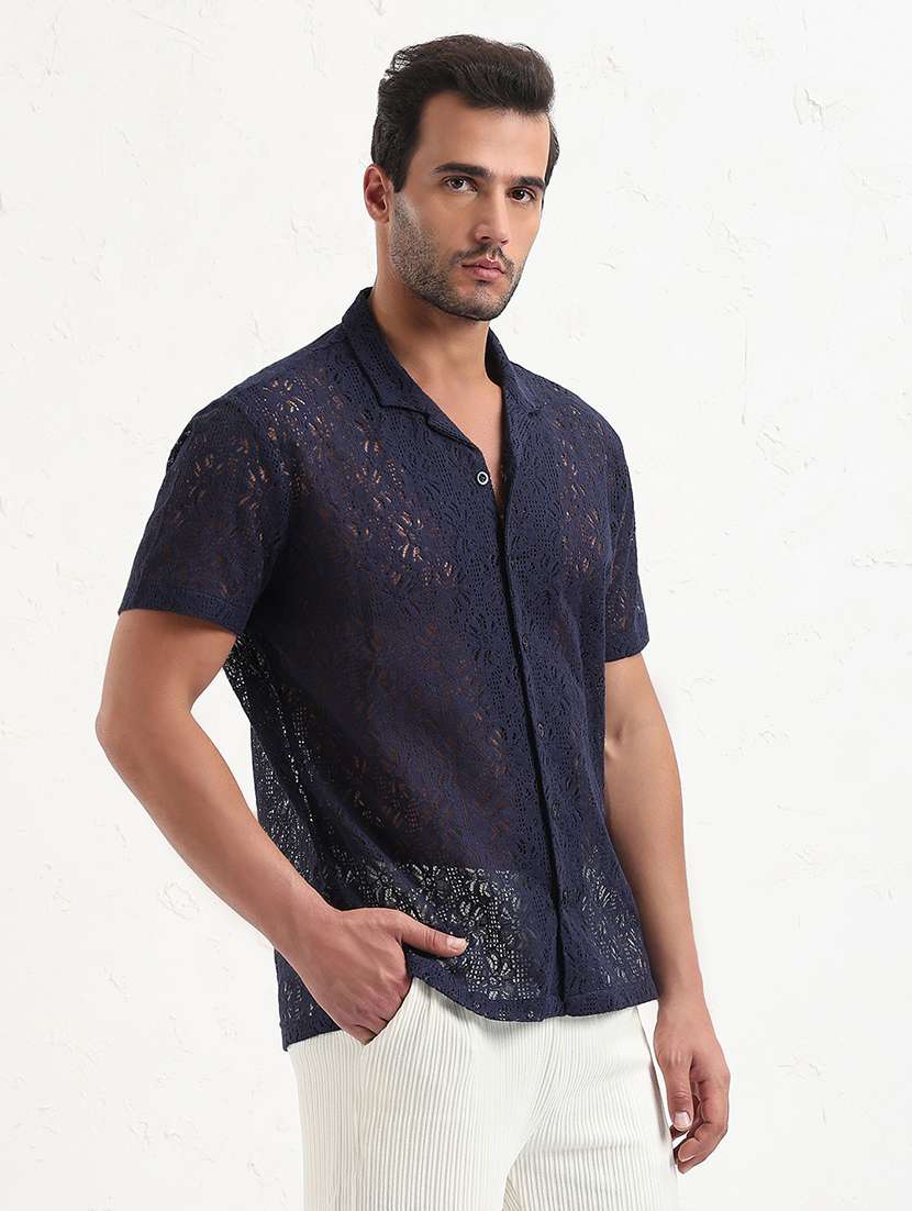 men navy blue self design short sleeve regular fit  casual shirt - 21843822 -  Standard Image - 2