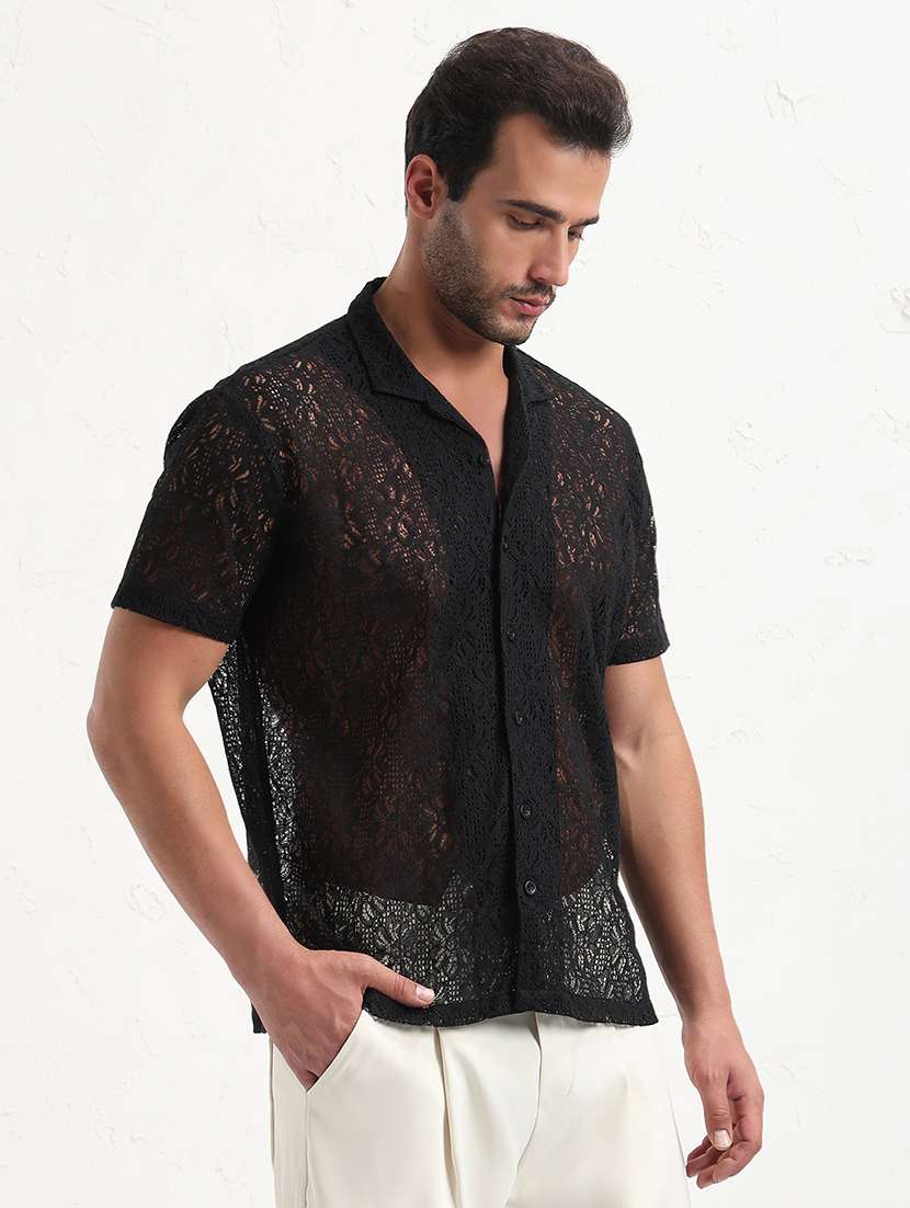 men black self design short sleeve regular fit  casual shirt - 21843823 -  Standard Image - 2