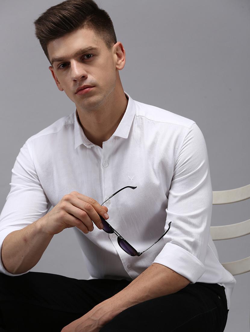 men white solid long sleeve slim fit casual shirt  - 21843834 -  Zoom Image - 0