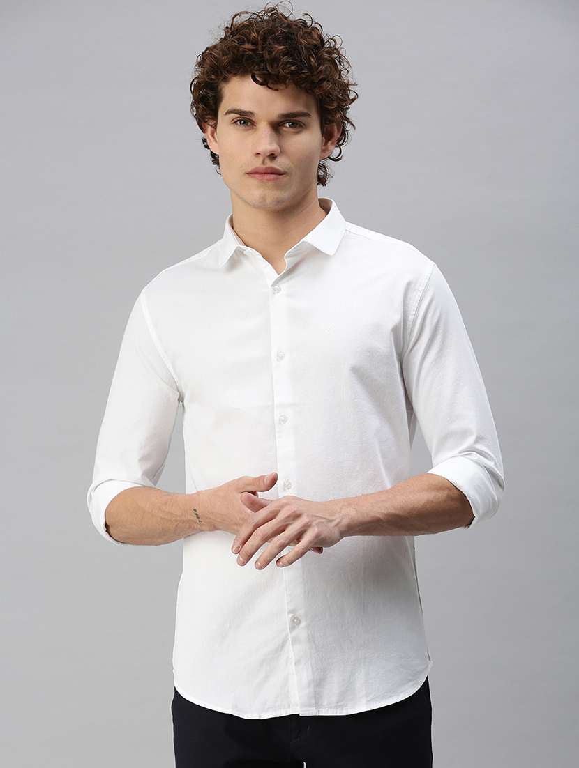 men white solid long sleeve slim fit casual shirt 