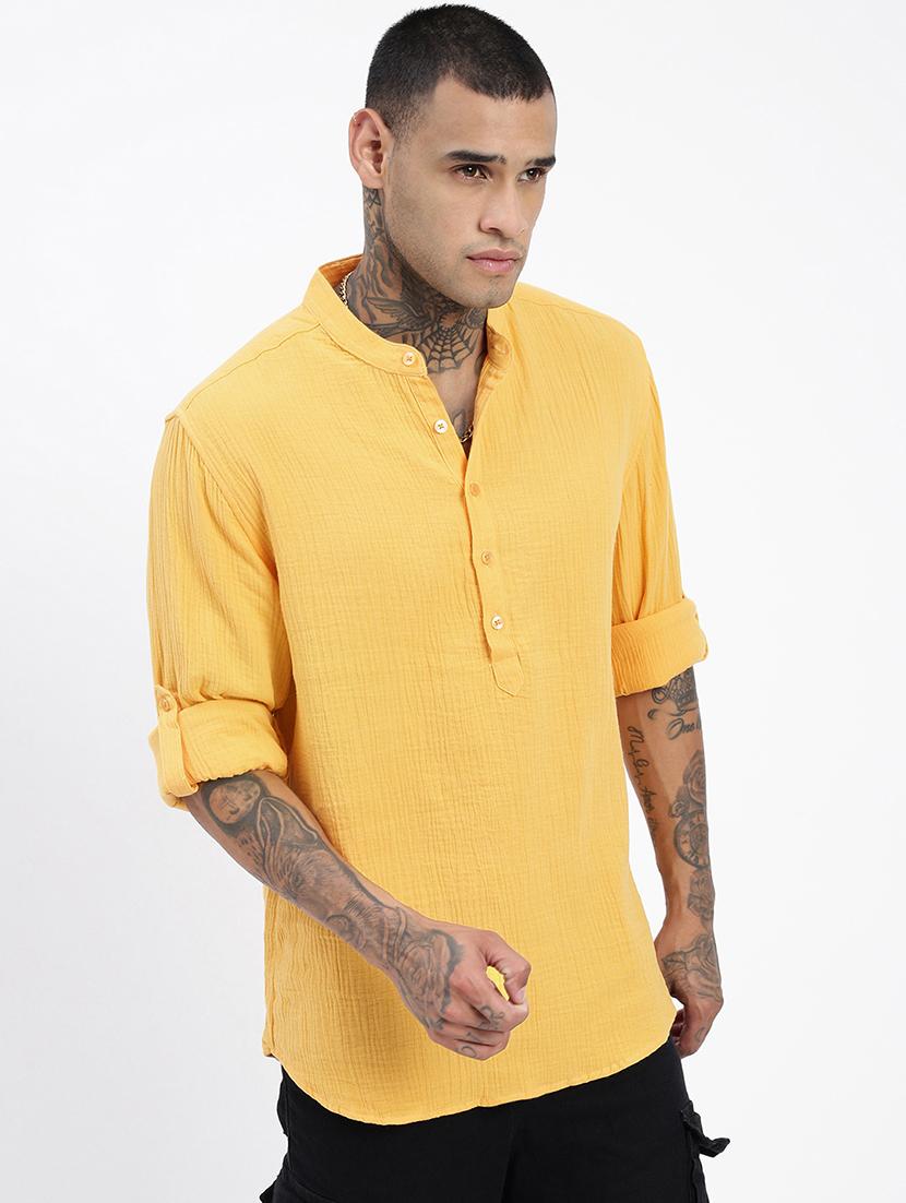 men yellow solid long sleeve regular fit short kurta - 21843850 - Standard Image - 2