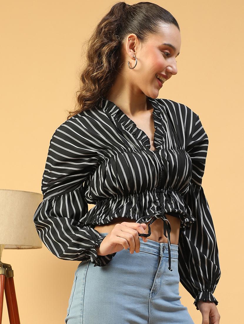 women striped puff sleeves crop top - 21843854 - Standard Image - 2