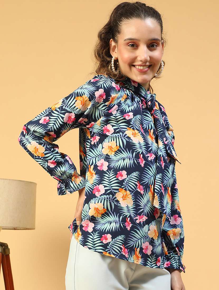 women printed tie-up neck long sleeves top - 21843855 -  Standard Image - 2