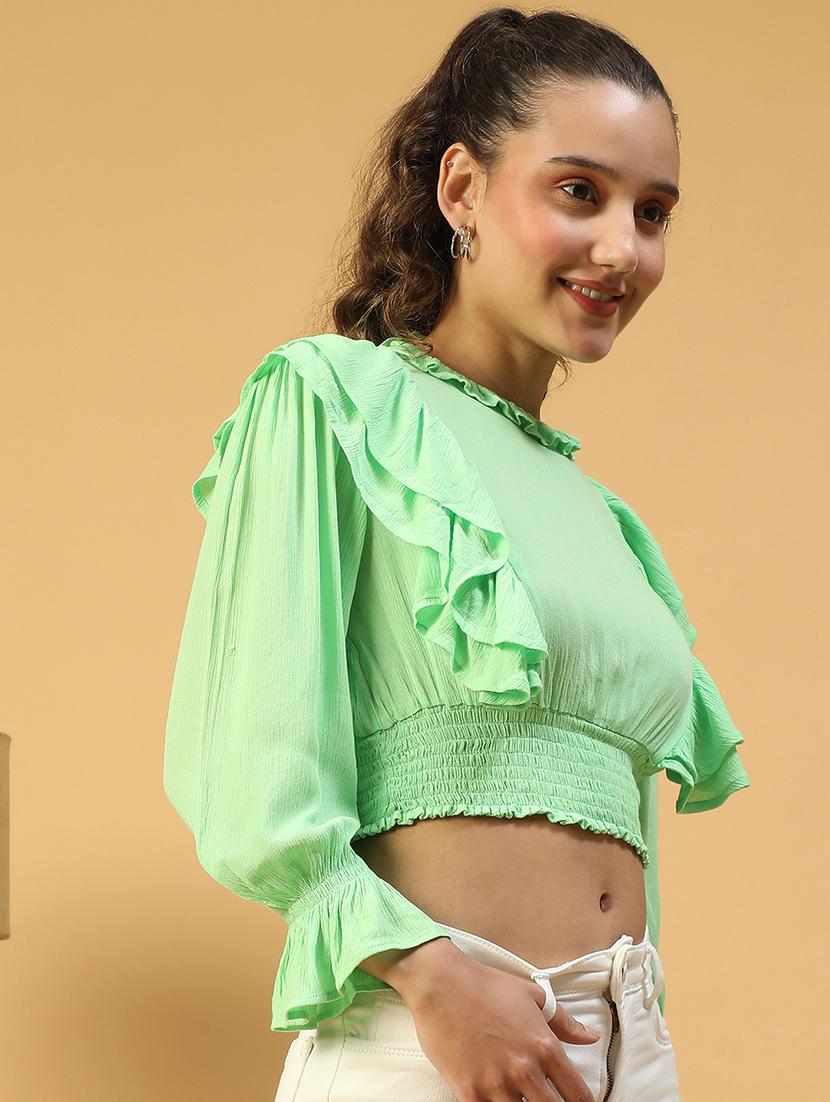women solid long sleeves crop blouson top - 21843859 - Standard Image - 2