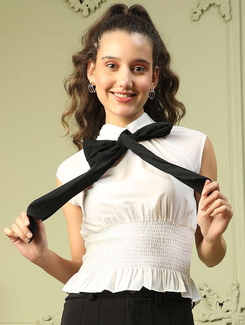 women solid tie-up neck sleeveless blouson top