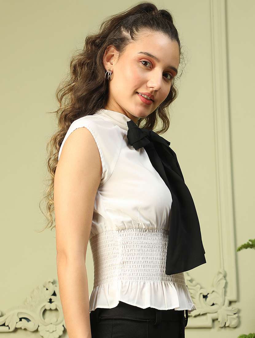 women solid tie-up neck sleeveless blouson top - 21843861 - Standard Image - 2