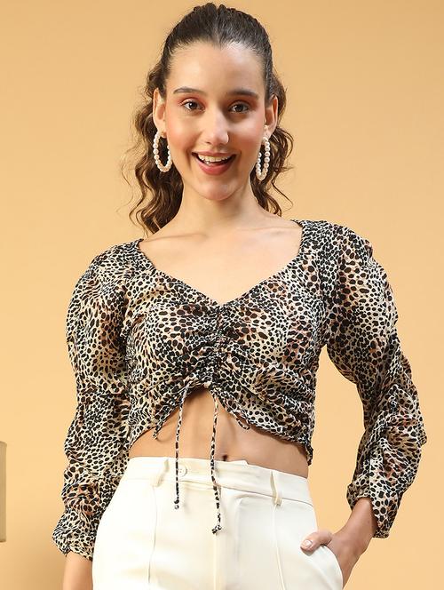 women animal printed ruched sleeves crop top - 21843865 - Standard Image - 0