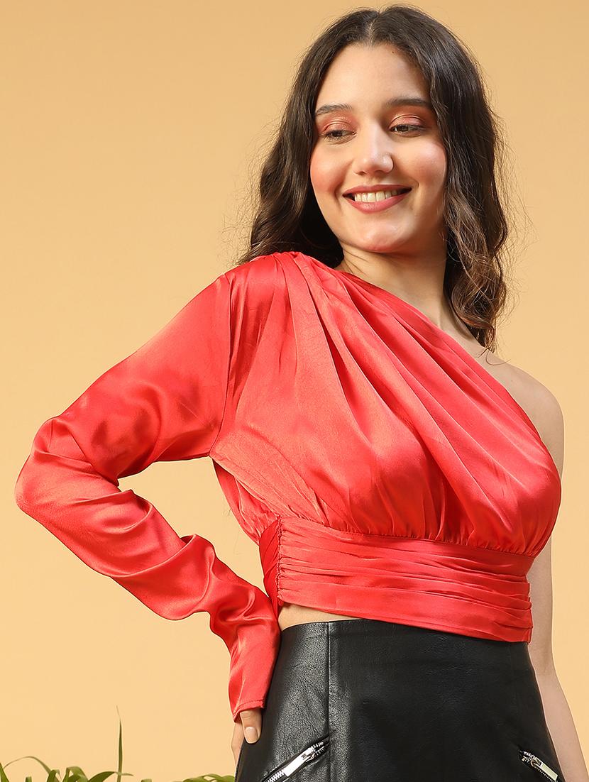 women solid single shoulder crop top - 21843866 - Standard Image - 2