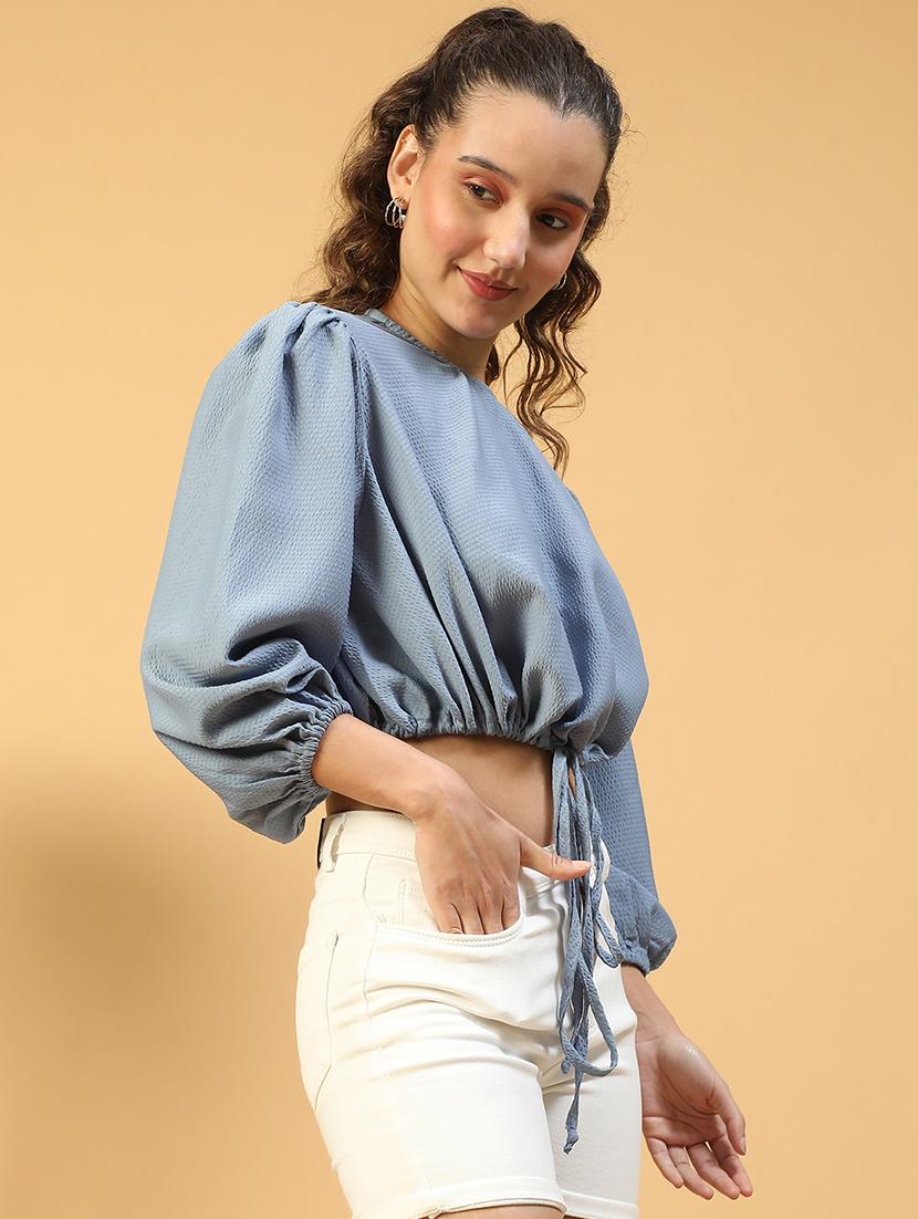 women solid puff sleeves crop blouson top - 21843867 - Standard Image - 2