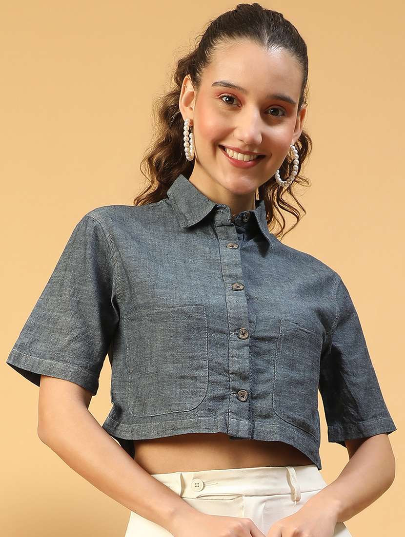 women collared short sleeves crop shirt