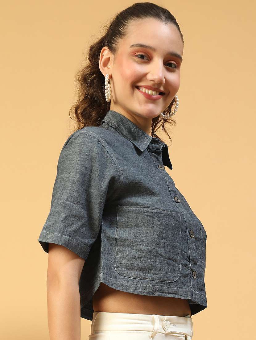 women collared short sleeves crop shirt - 21843875 -  Standard Image - 2