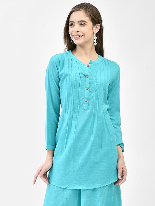 women blue solid long sleeve a-line kurti - 21843894 -  Standard Image - 0