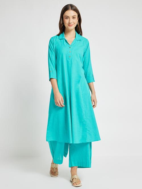 women blue solid roll up sleeve a-line kurta - 21843895 -  Standard Image - 0