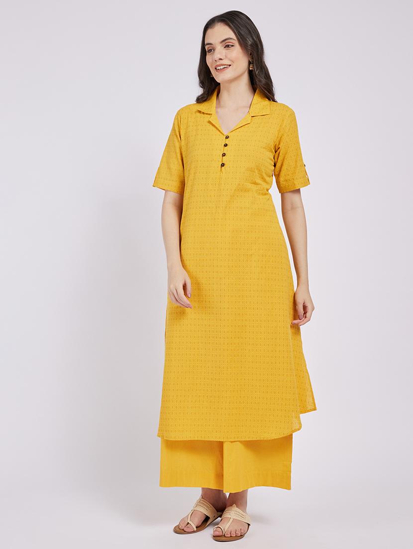 women yellow printed roll up sleeve a-line kurta - 21843896 - Zoom Image - 0