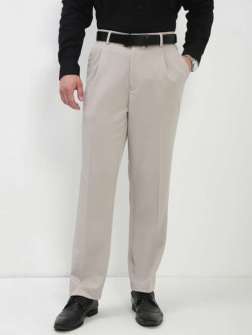 men cream solid ragular fit low rise formal trouser - 21843943 - Standard Image - 0