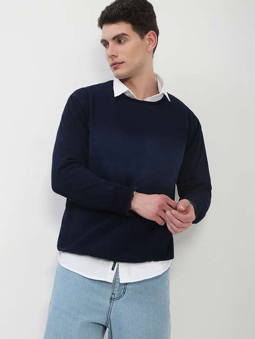 men navy blue long sleeve solid slim fit sweatshirt - 21843946 -  Standard Image - 0