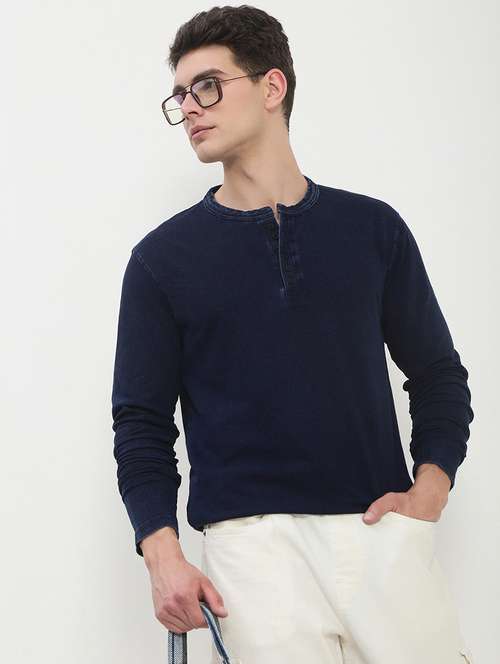men navy blue long sleeve solid slim fit t-shirt - 21843958 - Standard Image - 0