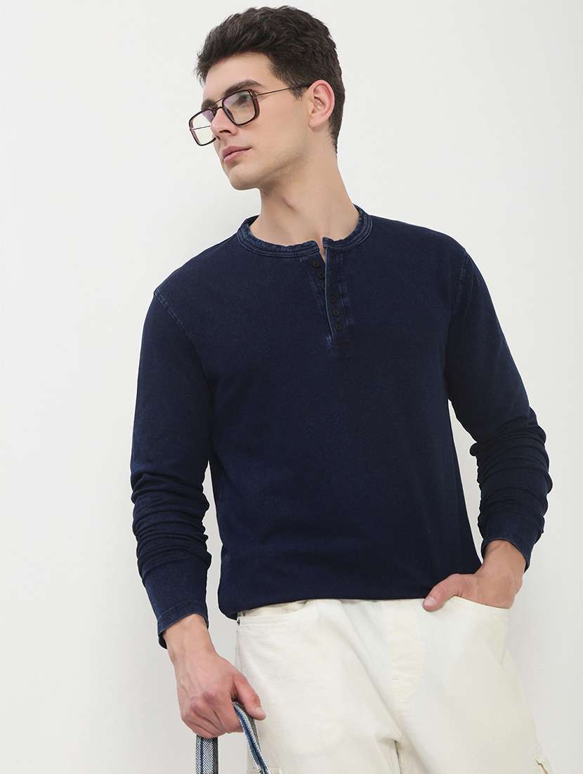 men navy blue long sleeve solid slim fit t-shirt - 21843958 - Zoom Image - 0