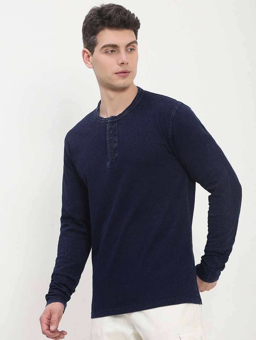 men navy blue long sleeve solid slim fit t-shirt - 21843958 - Standard Image - 2