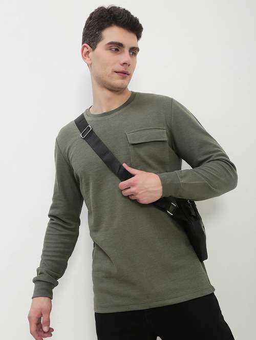 men olive long sleeve solid slim fit t-shirt - 21843965 -  Standard Image - 0
