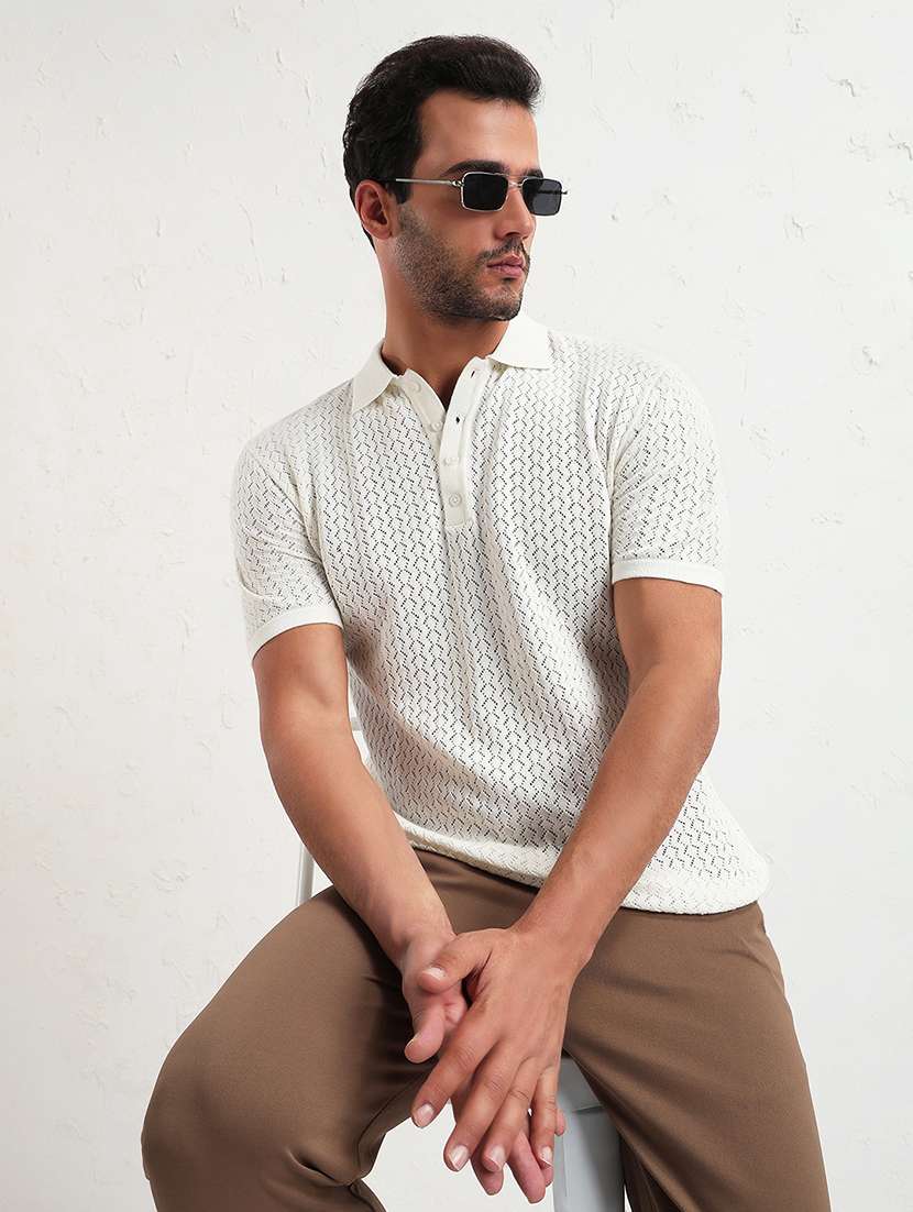 men white short sleeve self design slim fit polo t-shirt