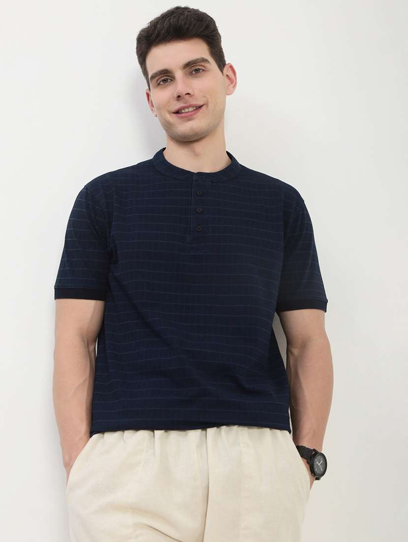 men navy blue short sleeve solid slim fit t-shirt