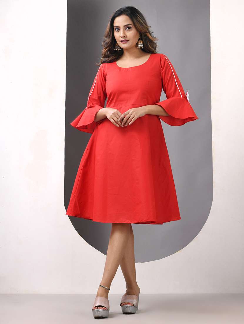 women solid round neck fit & flare ethnic dress