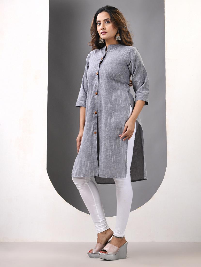 women self design three quarter sleeve straight kurta - 21844406 - Standard Image - 2