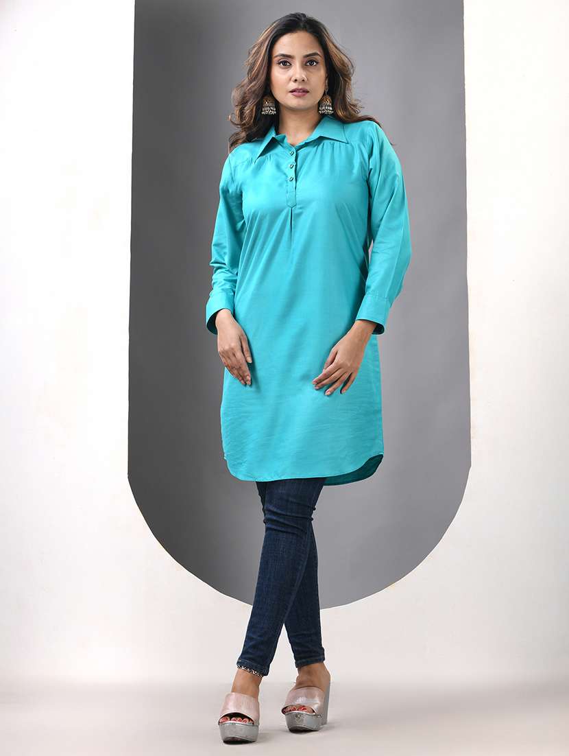 women solid long sleeve straight kurta