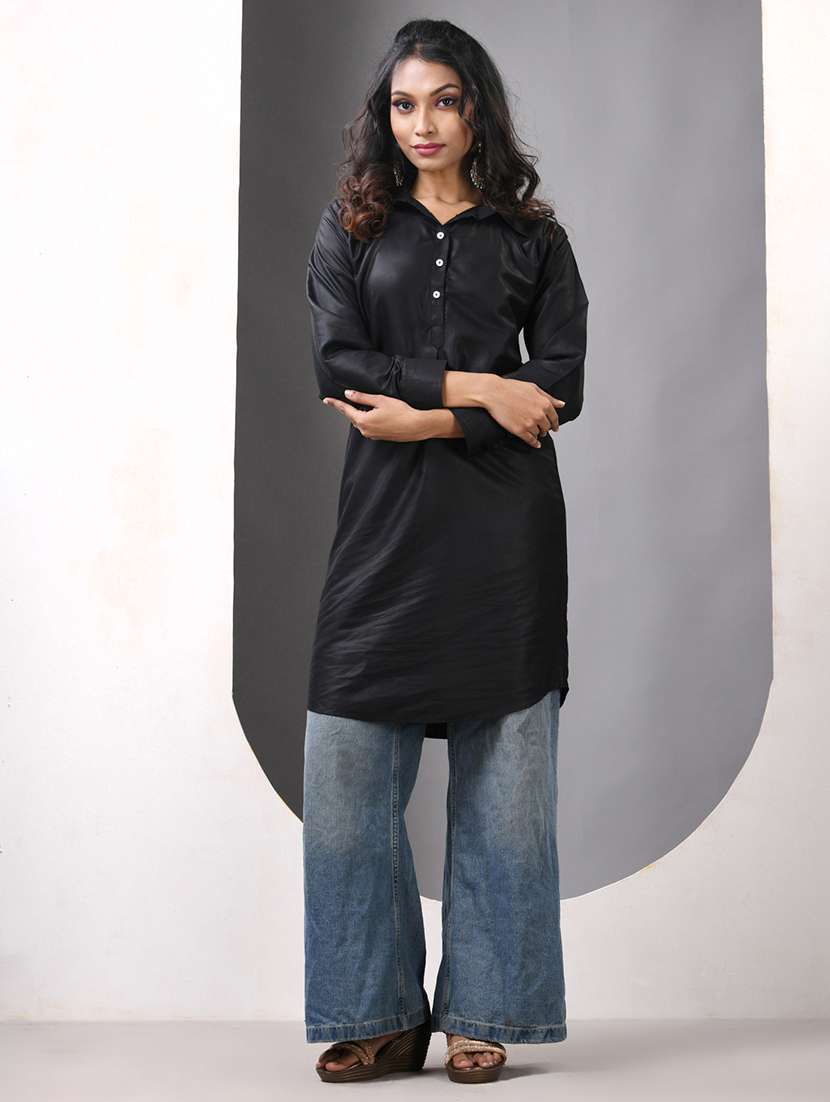 women solid long sleeve straight kurta