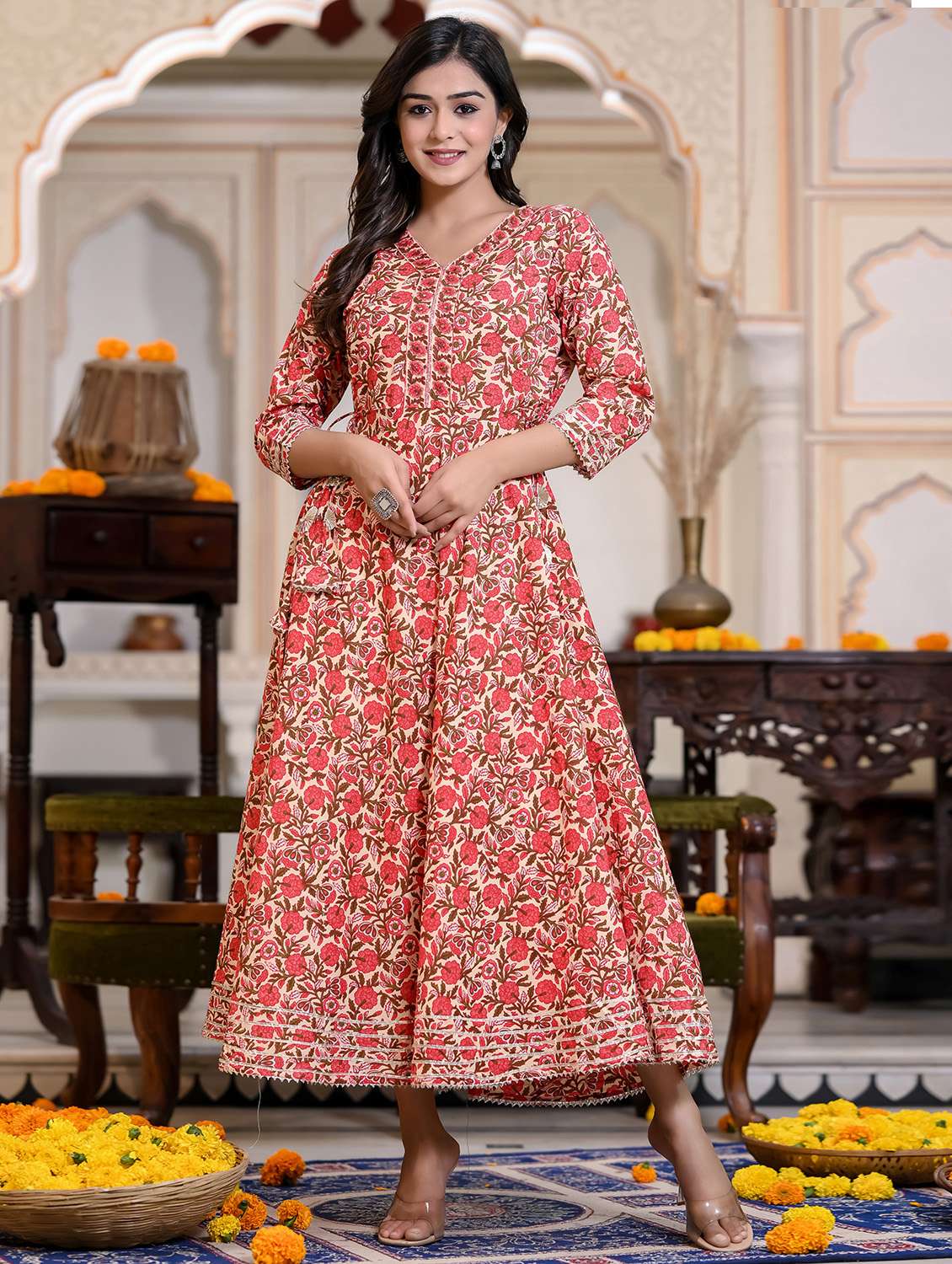 women floral printed three quarter sleeve anarkali ethnic dress