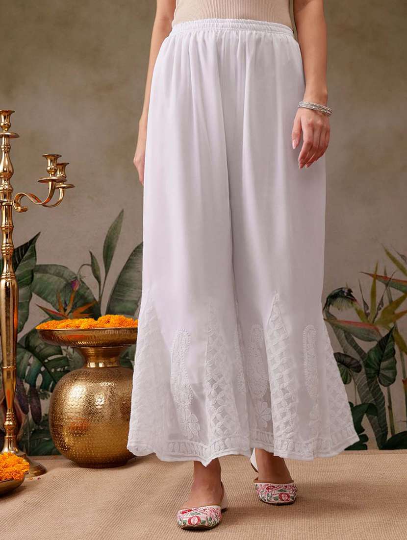 women embroidered hem flared palazzo