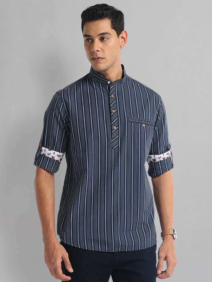 men striped mandarin neck short kurta