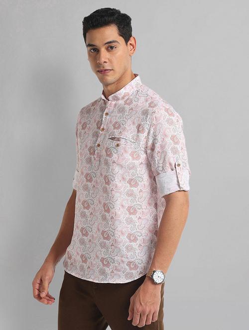 men pink printed long sleeve short kurta - 21844482 -  Standard Image - 0