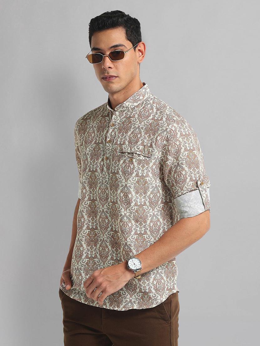 men beige printed long sleeve short kurta - 21844486 -  Zoom Image - 0