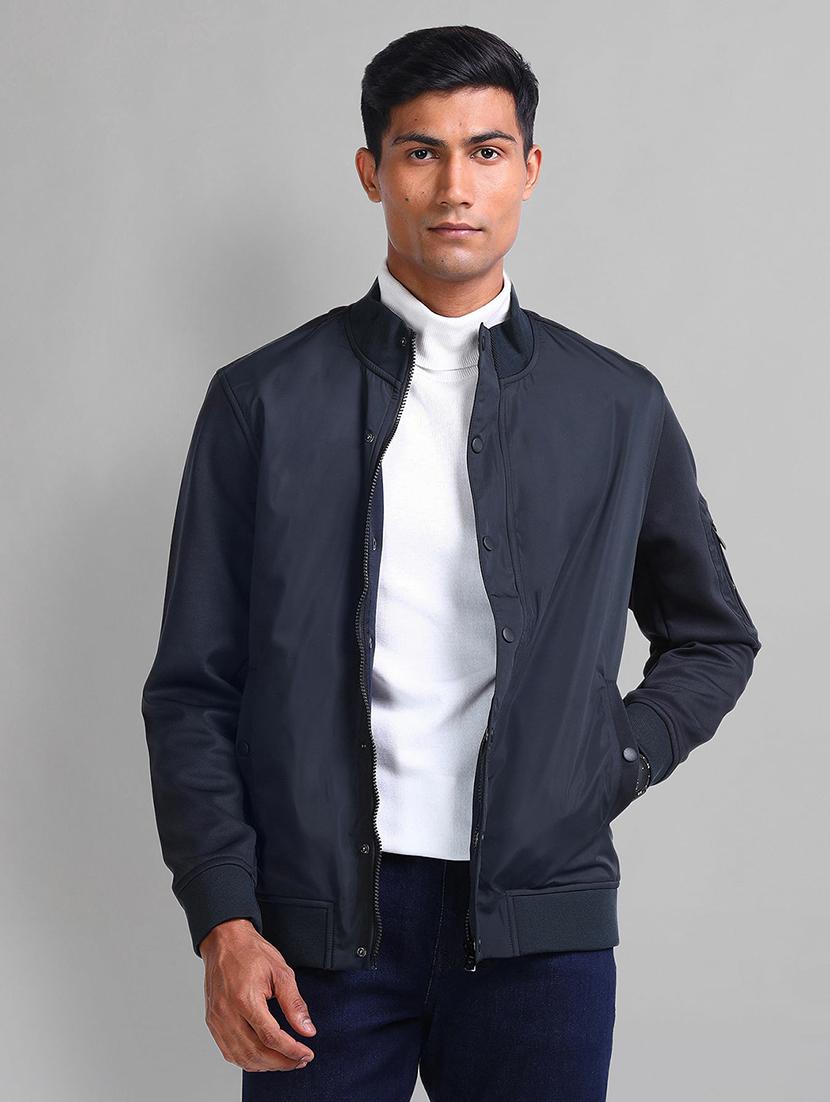 men navy blue solid long sleeve casual jacket - 21844788 -  Zoom Image - 0