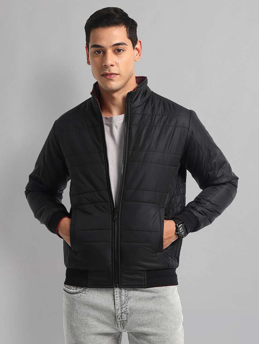 men black solid long sleeve quilted jacket