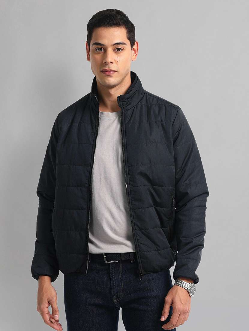 men blue solid long sleeve quilted jacket
