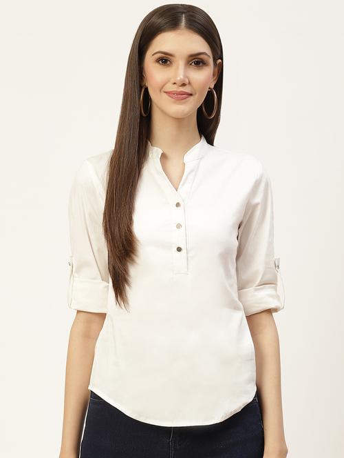 women solid roll-up sleeves regular top - 21844856 -  Standard Image - 0