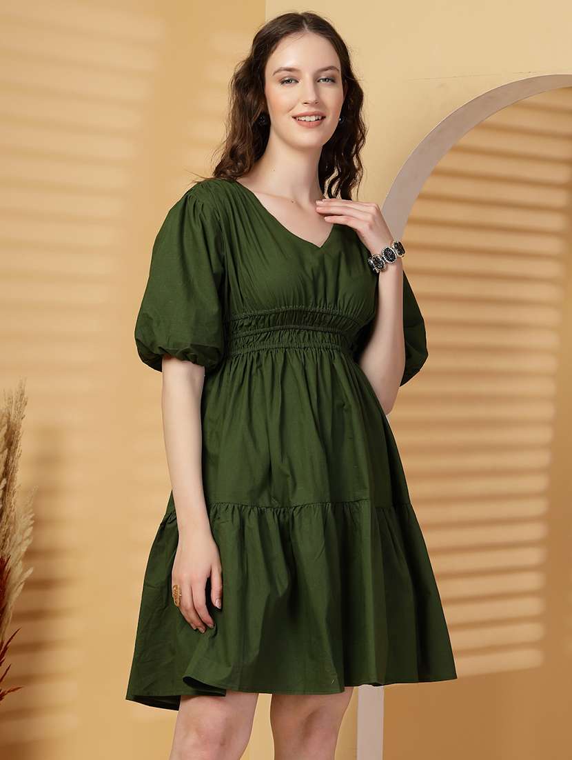 women solid puff sleeves tiered dress - 21844953 -  Standard Image - 2