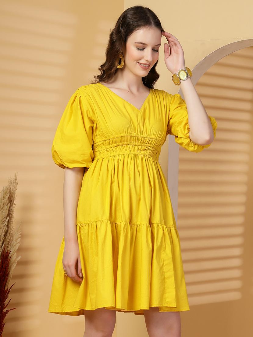 women solid puff sleeves tiered dress - 21844954 - Standard Image - 2