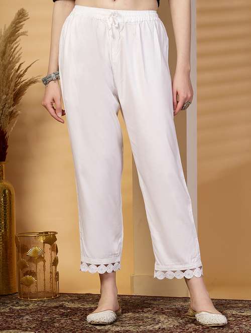 women white solid mid rise straight tapered pant - 21844958 - Standard Image - 0