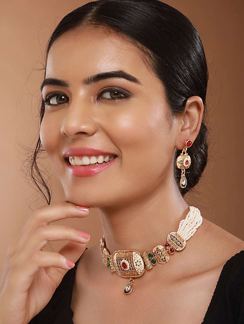 gold plated fusion stone studded filigree choker jewellery set - 21845038 -  Standard Image - 2